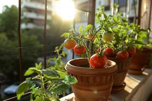 ai genererad mogen tomater växande i terrass trädgård pott med ai genererad. foto