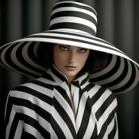 ai genererad svartvit randig mode med elegant hatt foto