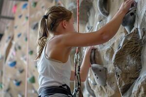 ai genererad ung klättrare praktiserande på inomhus- klättrande vägg med ai genererad. foto