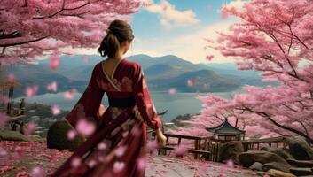ai genererad en kvinna gående medan hon är tittar på en rosa blomma blomma foto