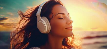 ai genererad en kvinna i hörlurar lyssnar till musik medan lyssnande till de hav foto