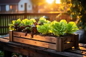 ai genererad en trä- planter med sallad växande i den på de däck foto