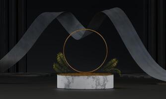 minimalistisk produkt presentation podium, elegant uppsättning svart Färg dominerande marmor med gyllene accent och abstrakt trasa i de bakgrund, 3d tolkning foto