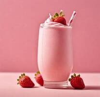 ai genererad en glas av jordgubb milkshake på lite rosa bakgrund foto