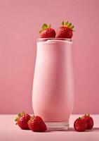 ai genererad en glas av jordgubb milkshake på lite rosa bakgrund foto
