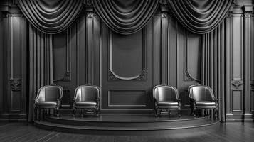 ai genererad svart och vit Foto av en skede med stolar och gardiner