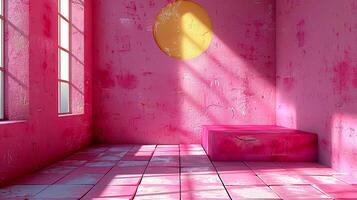 ai genererad en rosa rum med en gul Sol och en bänk foto