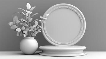 ai genererad 3d framställa av en vas med en växt och ett oval spegel foto