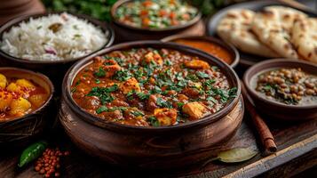 ai genererad traditionell indisk kök spridning med paneer tikka masala och ris foto