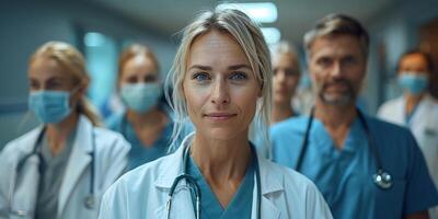 ai genererad professionell kvinna sjukvård ledare i främre av en team av medicinsk experter foto
