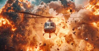 ai genererad en helikopter är flygande genom ett explosion foto