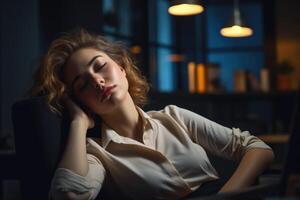 ai genererad utmattad kvinna sovande på en tabell efter en lång dag foto