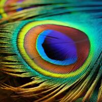 ai genererad bakgrunder av färgad påfågel fjädrar närbild foto