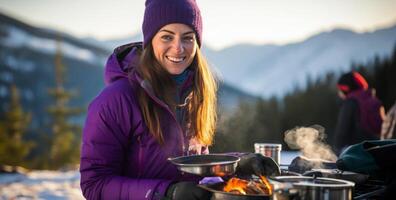 ai genererad kvinna i jacka matlagning frukost utomhus i vinter- foto