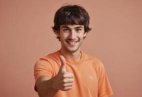 ai genererad en ung man i en tillfällig orange t-shirt ger en tummen upp, leende med en vänlig uppträdande. foto