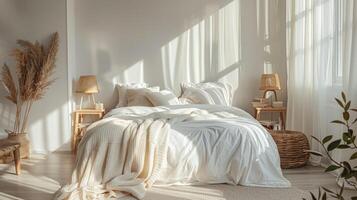 ai genererad en mysigt sovrum med en minimalistisk scandinavian design, terar en vit säng foto