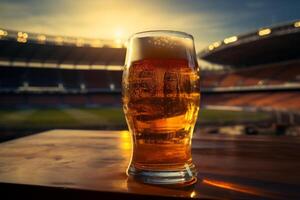 ai genererad en öl glas och fält är på en tabell i främre av en stadion foto