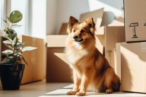 ai genererad en hund Sammanträde i främre av rör på sig lådor i modern lägenhet foto