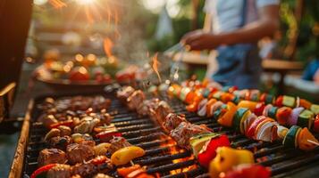 ai genererad en festlig scen av vänner eller familj njuter en utegrill fest utomhus foto