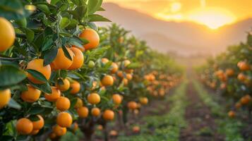 ai genererad en citrus- lund, med rader av orange och citron- träd stretching in i de distans foto