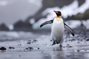 ai genererad pingvin plask genom vatten i antarctica foto
