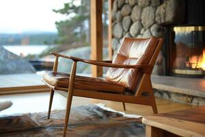 ai genererad klassisk scandinavian mitten århundrade modern trä och läder stolar. retro möbel foto