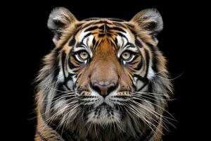 ai genererad främre se av sumatran tiger isolerat på svart bakgrund. porträtt av sumatran tiger foto