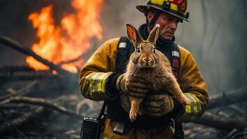 ai genererad man brandman innehar en räddade hare i henne vapen vilda djur och växter foto