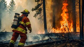 ai genererad brandman skog brand, träd i rök, lågor foto