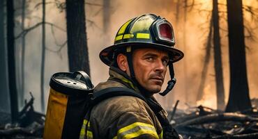 ai genererad porträtt av en allvarlig manlig brandman foto