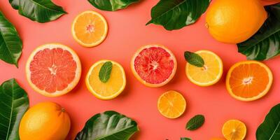 ai genererad färsk citrus- frukt och löv på en vibrerande bakgrund foto