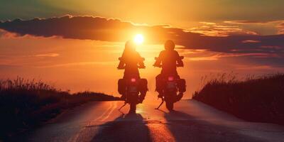 ai genererad två motorcyklister på ett öppen väg på solnedgång foto