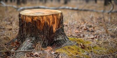 ai genererad nyligen skära träd stubbe i en lugn skog miljö foto