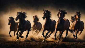 ai genererad magnifik besättning av mörk hästar i de bakgrund foto