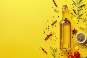ai genererad flaska av oliv olja och kryddor på gul bakgrund foto