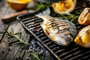 ai genererad grillad fisk med citron- och kryddor på gammal grill foto