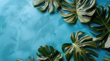 ai genererad tropisk monstera löv på blå bakgrund. minimalistisk mode sommar mall. foto