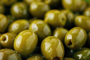 ai genererad närbild av grön oliver i solig dag. foto
