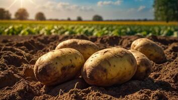 ai genererad potatis skörda på de jord stänga upp foto