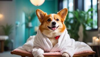 ai genererad skön hund i en morgonrock i en spa salong vilar foto