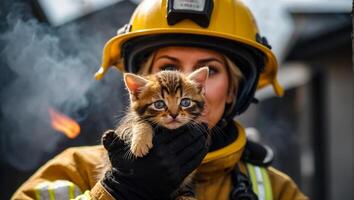 ai genererad porträtt av en kvinna brandman innehav en räddade kattunge i henne vapen foto