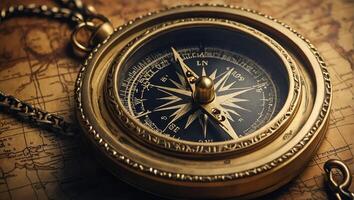 ai genererad antik årgång kompass, värld Karta foto