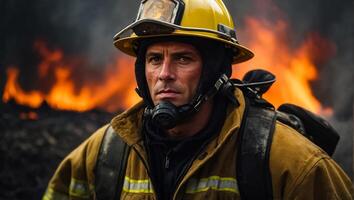 ai genererad porträtt av en allvarlig manlig brandman foto