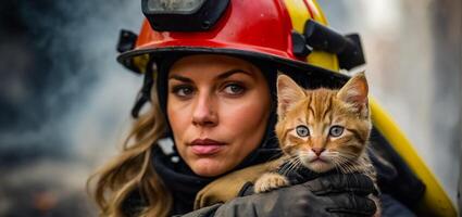 ai genererad porträtt av en kvinna brandman innehav en räddade kattunge i henne vapen foto