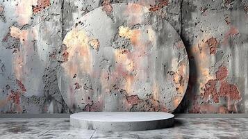ai genererad en stor runda sten piedestal i främre av en vägg med peeling måla foto