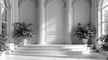 ai genererad en svart och vit Foto av en rum med inlagd växter