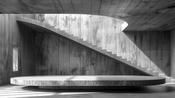 ai genererad en svart och vit Foto av en cirkulär rum med trappa