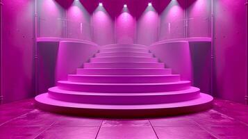 ai genererad en rosa trappa i en rum med ljus lampor foto