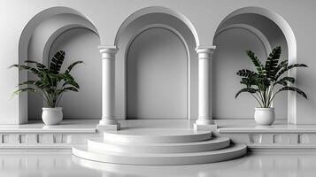 ai genererad vit kolonner och en inlagd växt i en rum foto