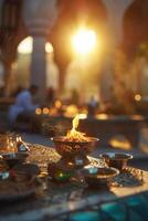 ai genererad solnedgång fest under ramadan på en moské, symboliserar de brytning av de fasta. foto